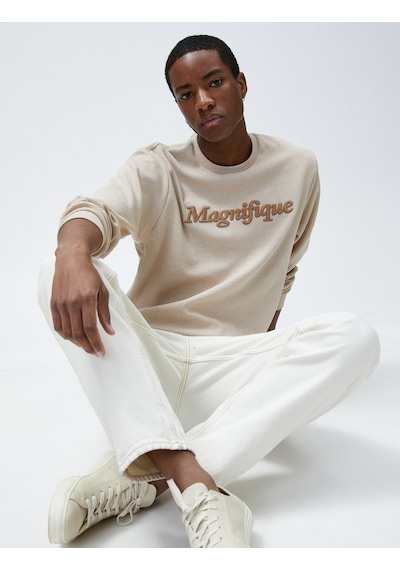 Koton Yazı Baskılı Sweatshirt Bisiklet Yaka Bej 3wam70375mk 3WAM70375MK050 Ekru