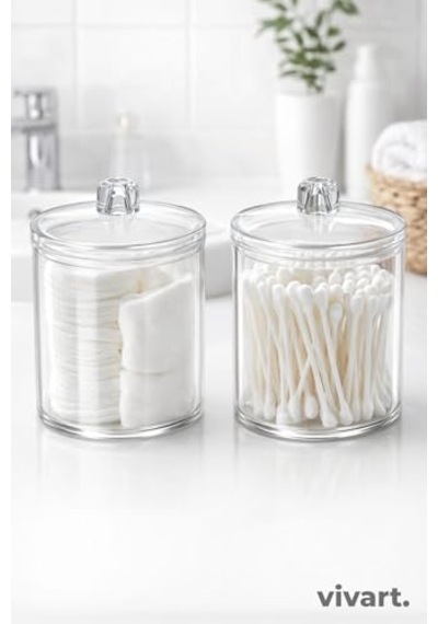 Şeffaf Pamukluk & Kulak Çubuğu Kabı 2'li Set Banyo Düzenleyici Organizer Beyaz Tek Ebat Diğer
