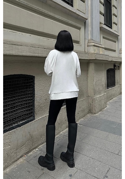 WeShaya Kadın Kırık Beyaz Oversize Dokuma Uzun Kollu Sweatshirt Kırık Beyaz