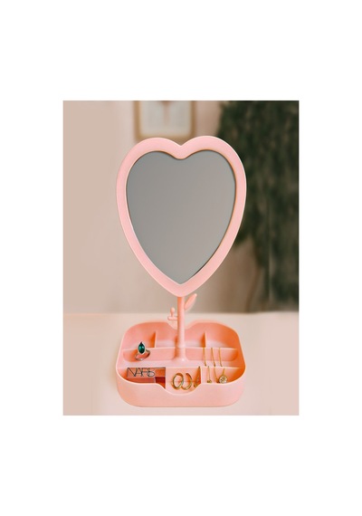 Led Işıklı Pembe Kalpli Organizer Makyaj Aynası Pembe Pembe