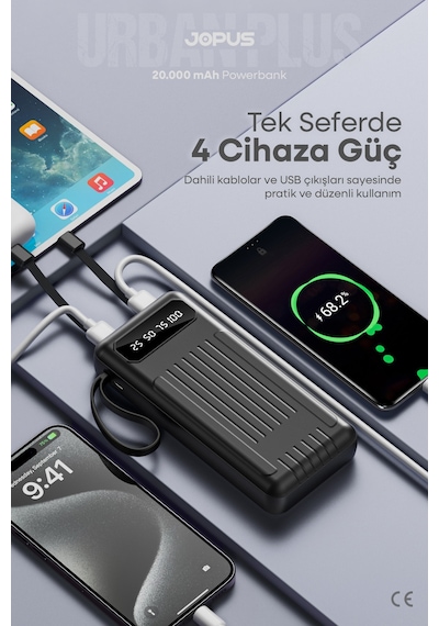 Jopus 20000mah Powerbank Dahili Kablolu, Lcd Ekranlı, Led Lambalı, Taşınabilir Şarj Cihazı Siyah