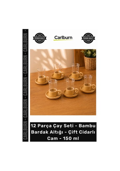 Özel Üretim Şık Isı Korumalı 12 Parça Çay Seti Bambu Bardak Altığı Çift Cidarlı Cam 150 Ml çok renkli