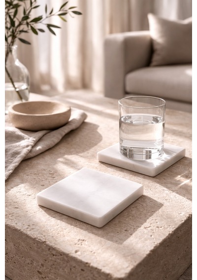 Mermer Bardak Altlığı 4'lü Set 10x10 Cm Beyaz Mermer Kahve Çay Su Bardağı Altlığı 1.3 Cm Kalınlık Diğer