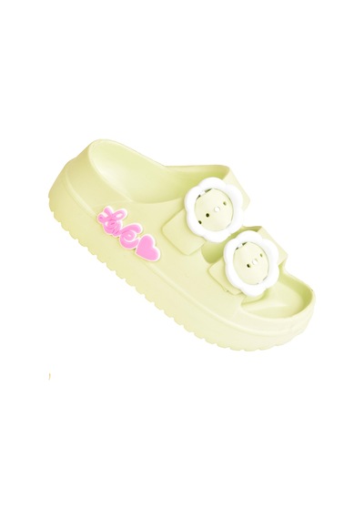 Moda Onn Çift Tokalı Plaj-havuz-bahçe-tatil-günlük Açık Stickerlı Kız Çocuk Terliği Yeşil