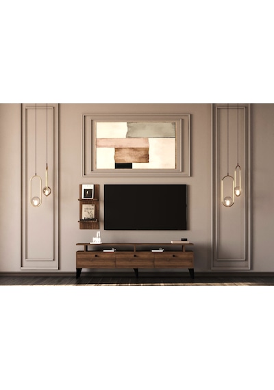 Gm 044 Neva 3 Kapaklı Ayaklı Duvar Raflı Tv Ünitesi Barok Ceviz