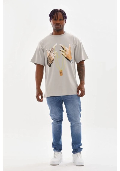 Erkek Baskılı T-shirt Kısa Kol Bisiklet Yaka Rahat Kalıp Tişört - Gri Gri