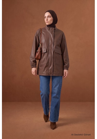 Armine Trend Dik Yaka Cep Detaylı Uzun Kollu Rahat Kesim Ceket 81 Cm Boy Kahverengi 26kt541 Armine Trend Dik Yaka Cep Detaylı Uzun Kollu Rahat Kesim Ceket 81 Cm Boy Kahverengi 26kt541