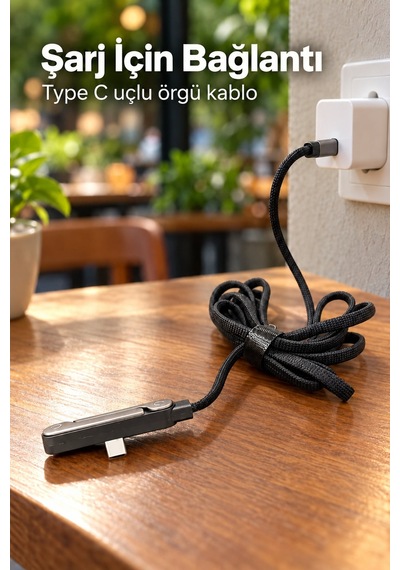 Standlı Şarj Kablosu Çift Type C Bağlantılı Siyah