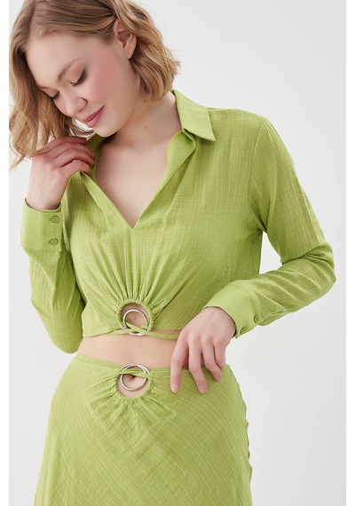 Vitrin Beli Halka Detaylı V Yaka Lastikli Crop Bluz YEŞİL