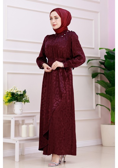Kat Detaylı Eflan Saten Abiye-bordo-4835 Bordo