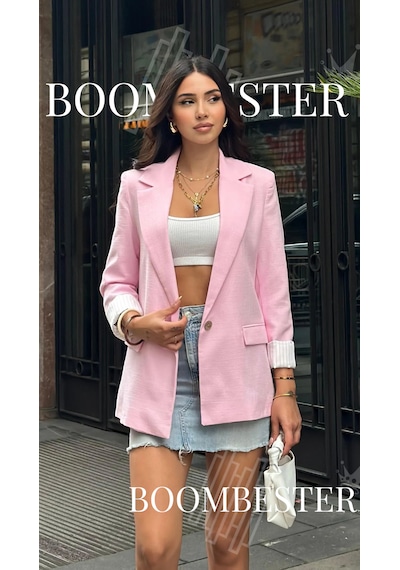 Boombester Kadın Flam Keten Astarlı Blazer Ceket Çizgili Astar Detay Rahat Kalıp İnce Ceket Pembe Boombester Kadın Flam Keten Astarlı Blazer Ceket Çizgili Astar Detay Rahat Kalıp İnce Ceket Pembe