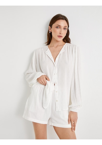 Koton Oversize Gömlek Balon Kollu Hakim Yaka Metalik İpli Kırık Beyaz 4sak60119pw Ekru