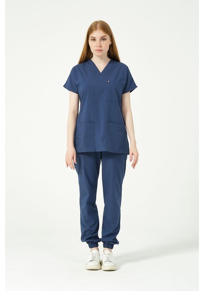 Fırtına Mavi Likralı Scrubs Jogger Paça Doktor Hemşire Forması Yarasa Kol Takım Unisex