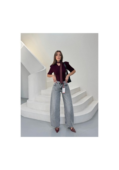 Meecy Yüksek Bel Wide Leg Salaş Jean Pantolon - Gri Gri