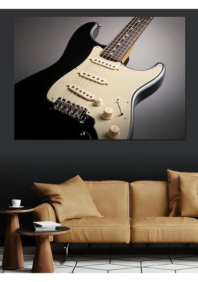 Siyah Elektro Gitar Dekoratif Kanvas - Mdf Ahşap Tablo