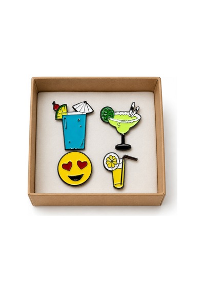 Yaz Temalı Kokteyl & Emoji 4'lü Metal Rozet Seti Renkli Emaye Rozet Gri
