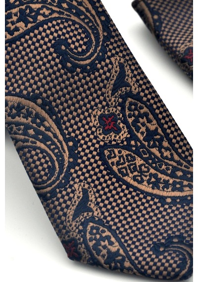 Gaffy Kahverengi Şal Desenli Lacivert Dokuma Kumaş Mendilli Slim Fit Kravat // Sdk-2606-2 Lacivert