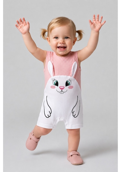 Babyden's Kız Bebek Tulum Yazlık %100 Pamuk Ribana Kolsuz Tavşan Baskılı Çıtçıtlı Bebek Tulumu 0-9 Ay Somon