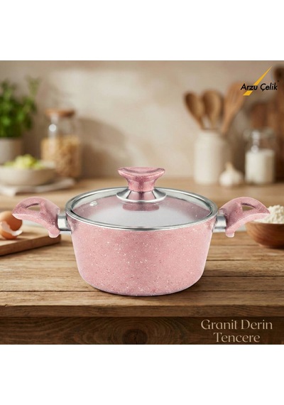 18 Cm Granit Derin Tencere Cam Kapak - Pembe Pembe