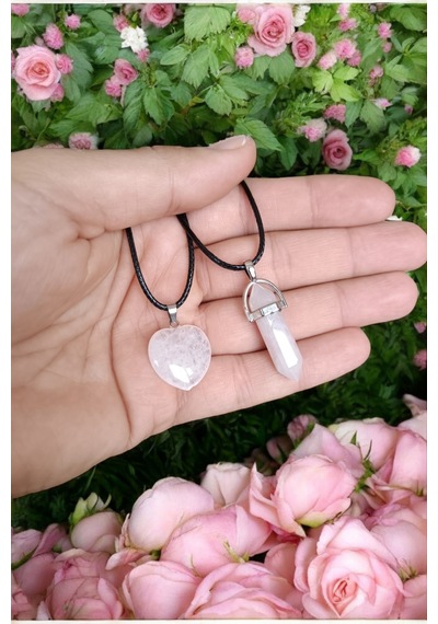 Pembe Kuvars Çivi Kolye Kalpli Kolye Sevgili Kolye Çift Sevgili Kolyesi 2 Adet Açık Pembe Açık Pembe