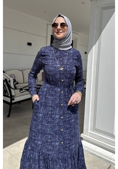 Rabia Şamlı Süreyya Kot Efektli Gömlek Elbise Lacivert Normal