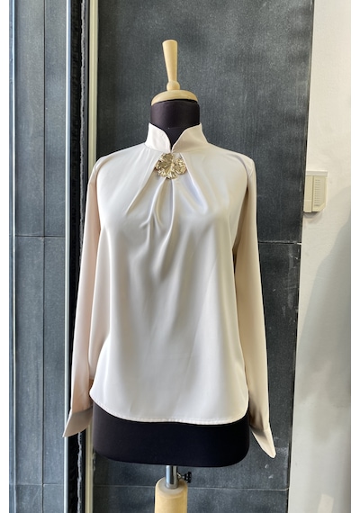 Pera Moda Gold Broş Detaylı Şık Bluz Gömlek Taş