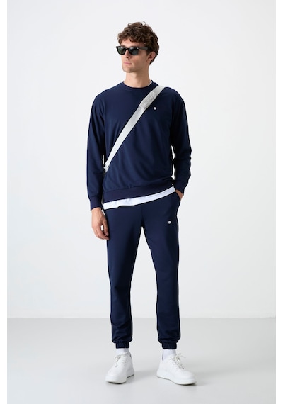 Tommy Life İndigo Casual O Yaka Lastik Paça Pamuklu Erkek Oversize Eşofman Takımı - 85120 İndigo