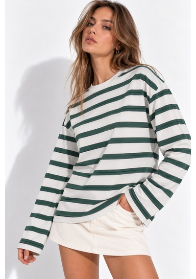 Wild Bee Kadın Yeşil Beyaz Çizgili Pamuklu Bisiklet Yaka Oversize Bluz YEŞİL