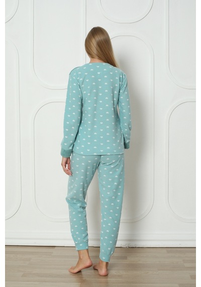 Wordex Fawn 3316 Peluş Welsoft Polar Kışlık Yumoş Kalpli Kadın Pijama Takımı Yeşil