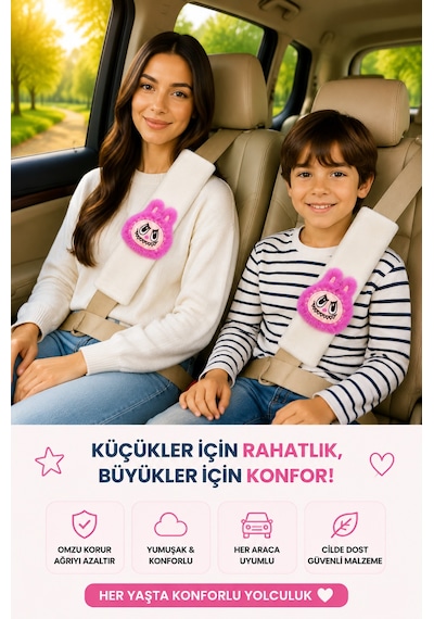 Bunny Beyaz Emniyet Kemeri Aksesuarı - Emniyet Kemeri Kılıfı-araç Emniyet Kemeri Omuz Koruyucu 1 Adet