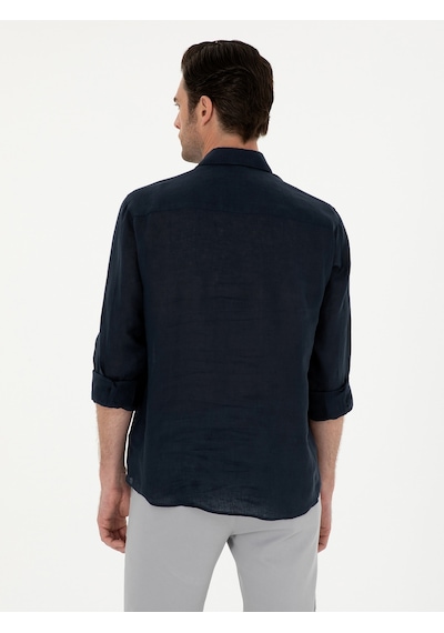 Cacharel Lacivert Slim Fit Yarım Düğmeli %100 Keten Gömlek