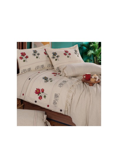 Gül Desen 200x220 Pamuk-keten Çift Kişilik Taş Baskı Nevresim Takımı Krem - 747908355 Krem