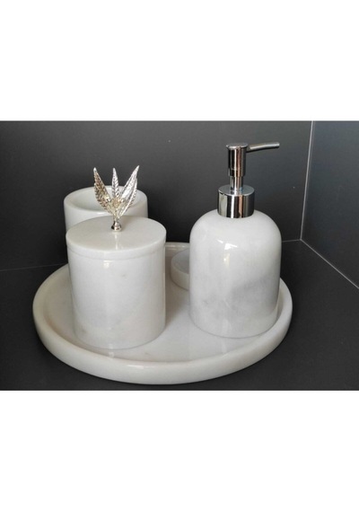 Beyaz Mermer Gümüş Zeytin Dalı Aksesuarlı 5'li Banyo Seti Beyaz