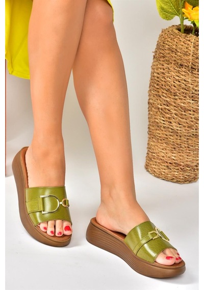 Fox Shoes Yeşil Hakiki Deri Yüksek Tabanlı Günlük Kadın Terlik P291049403