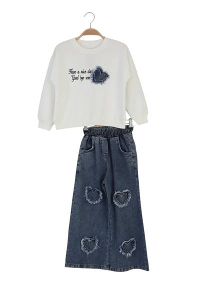 Erdem Kıds Kız Çocuk Bayramlık Günlük - Casual Geniş-bol Paça Palazzo Kot Pantolon-sweatshirt İkili Takım Beyaz - Mavi Erdem Kıds Kız Çocuk Bayramlık Günlük - Casual Geniş-bol Paça Palazzo Kot Pantolon-sweatshirt İkili Takım Beyaz - Mavi