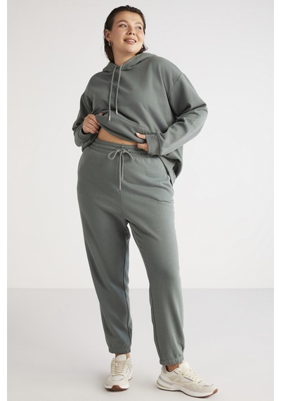 ETHIQUET TEREZABB Kadın Içi Polarlı Yumuşacık Comfort Fit Kapüşonlu Kanguru Cep Yeşil Büyük Beden Sweatshirt