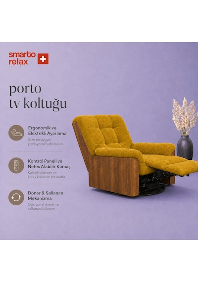 Smarto Relax Porto Tv Koltuğu Ahşap Yan Panelli Döner Ve Elektrikli Döner Sallanan Kontrollü Nefes Alabilir Kumaş Baba Koltuğu Sarı