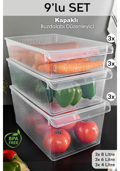 9'lu Kapaklı Buzdolabı Düzenleyici Set - Meyve Sebze Saklama Kabı Dolap İçi Organizer 3x 4-6-8 Lt Şeffaf