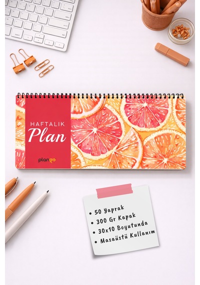Tarihsiz Spiralli Haftalık Masaüstü Planlayıcı - Portakal - 10x30 Cm Plango Turkuaz