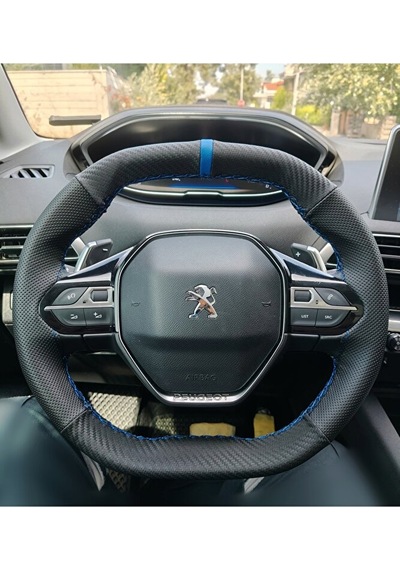 Dikişli Direksiyon Kılıfı Karbon Noktalı Mavi Yüzük Mavi Dikişli Peugeot 3008 2008 Renkli