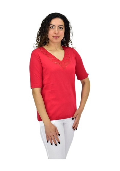 Kadın Yarım Kol V Yaka Yaka Sırt Detaylı Triko Tişöt 12835 Bgl-st04657 Kırmızı