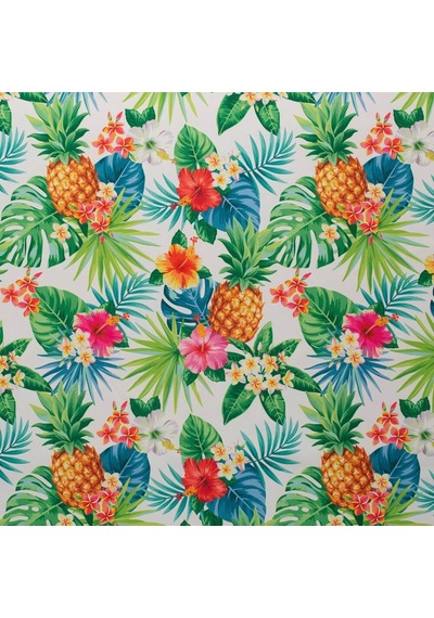 Beyaz Zemin Üzerine Palmiye Yapraklı Tropikal Çiçekli Ananas Doku