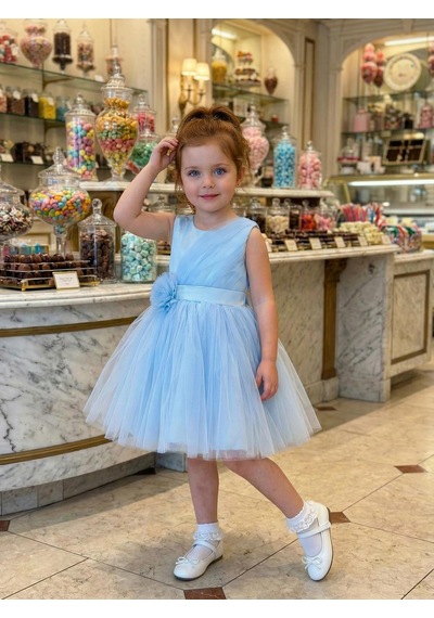 Butikhappykids Kız Çocuk Mavi Volanlı Tüllü Çiçek Detaylı Abiye Elbise 1-5 Yaş Mavi