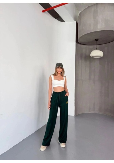 Freedom Store Kadın Osy Modal Yumuşak Dokulu Kumaş Nakış İşlemeli Rahat Bol Paça Eşofman Pantolon - Yeşil