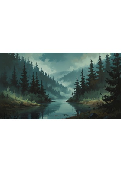 Doğa Ve Manzara Yatay Yoğun Ağaçlar Ve Gizli Göl, Sisli Vadi, Gizemli Ruh Hali Soluk Renkler 01 Çerçevesiz 90x60cm Pvc Tablo