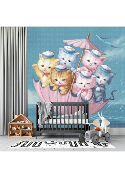 Şemsiyeye Binmiş Kediler Çocuk Odası Poster Duvar Kağıdı