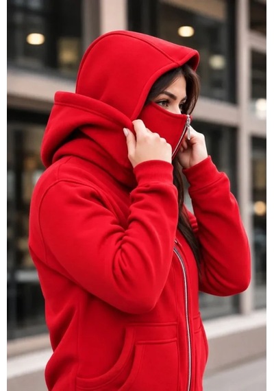 DefyModa Maskeli Ninja Model Çift Kapüşonlu 3 İplik Şardonlu Fermuarlı Oversize Sweatshirt - Kırmızı
