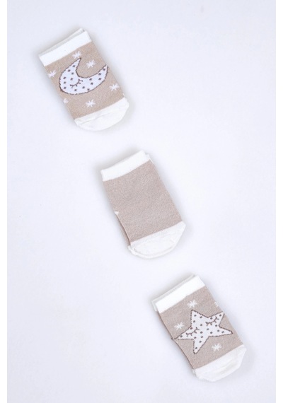 Cocole Socks Erkek Bebek Soket Çorabı 3 Lü Set Pamuklu Bej Ay & Yıldız Desenli Çok Renkli
