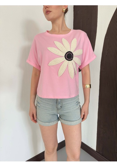 Verymoda Çiçek Detaylı Tişört D2910 Pembe