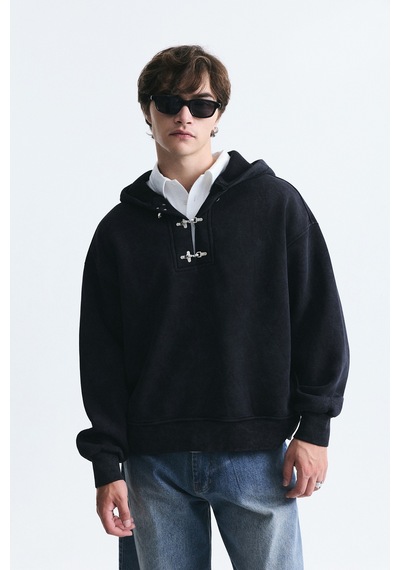 Vamos Boxy Fit Metal Klips Kapama Sweatshirt Siyah